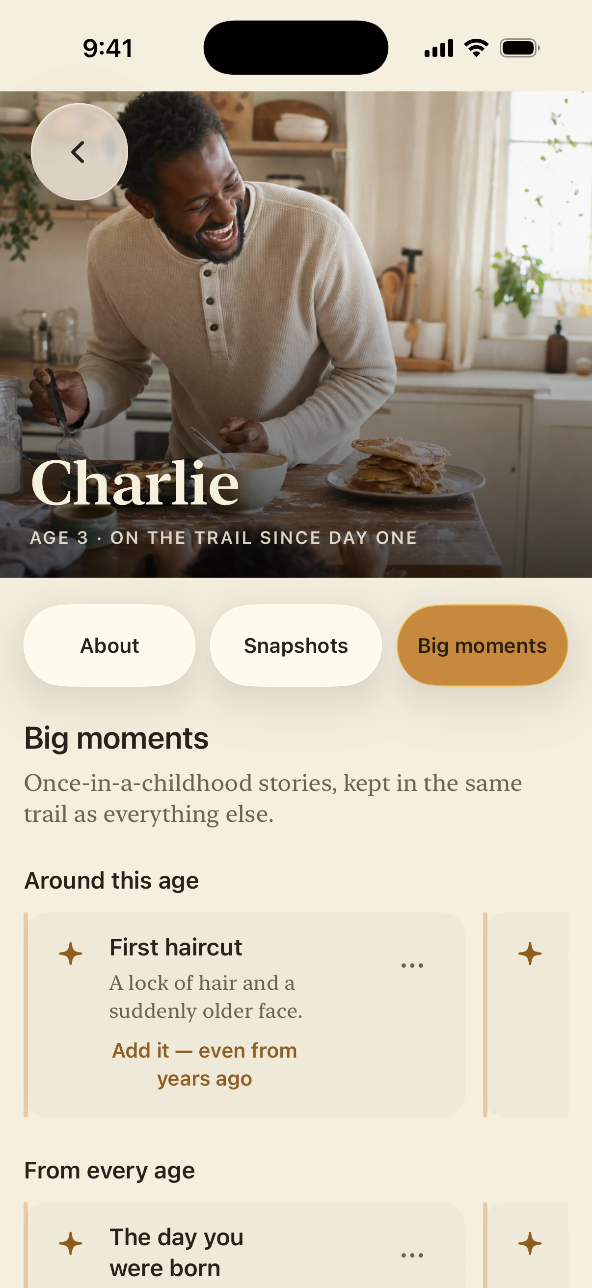 A child profile open to Big moments, with suggested and saved milestones