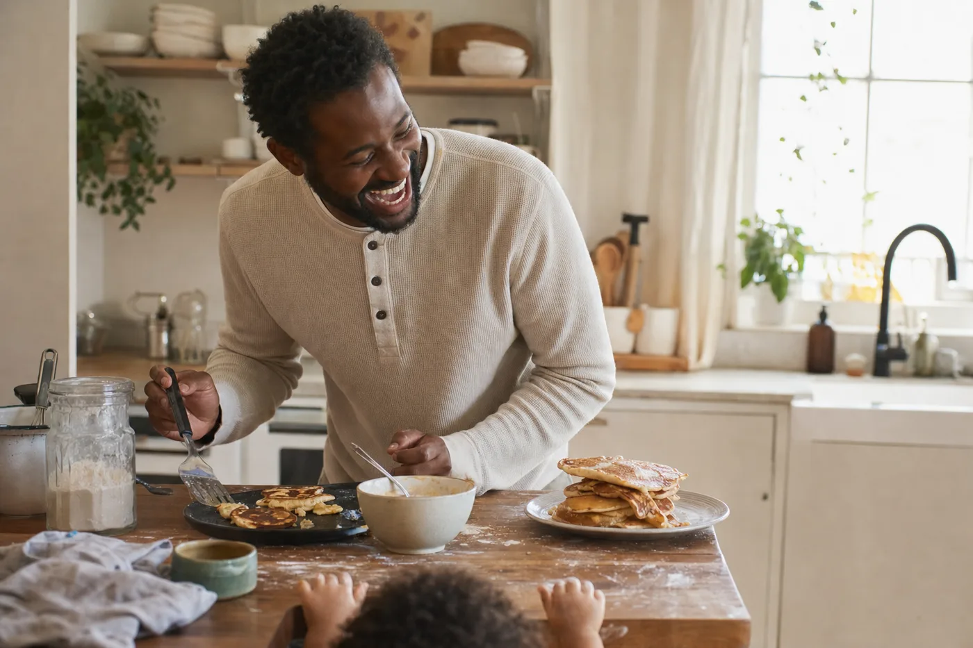 A dad laughing while flipping pancakes as his toddler reaches up over the counter