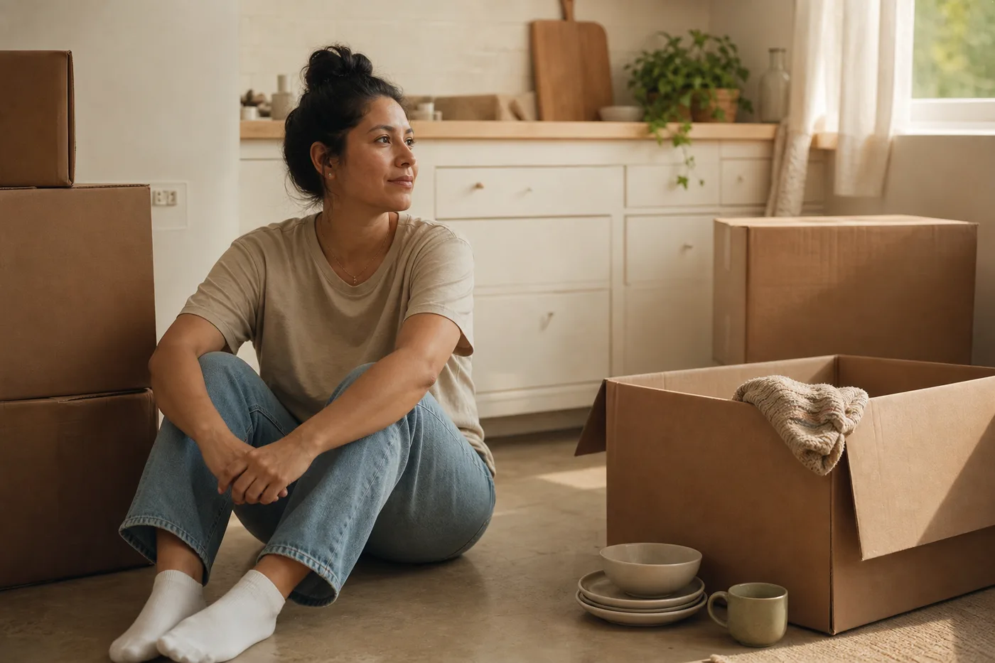 A parent sitting on the kitchen floor of a new home, surrounded by moving boxes